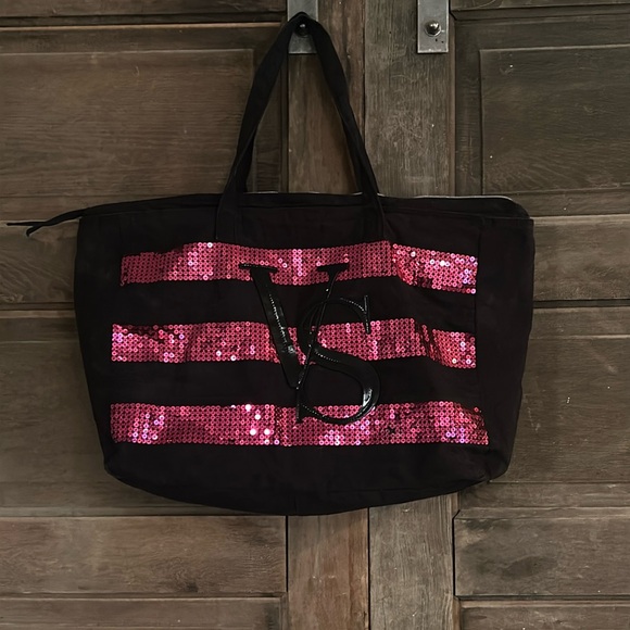 Handbags - Victoria Secret PINK Pink‎ & Black Sequin Stripe Logo Weekender Tote